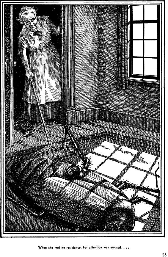 an old woman cleaning the floor with a mop in her house, vintage line drawing or engraving illustration