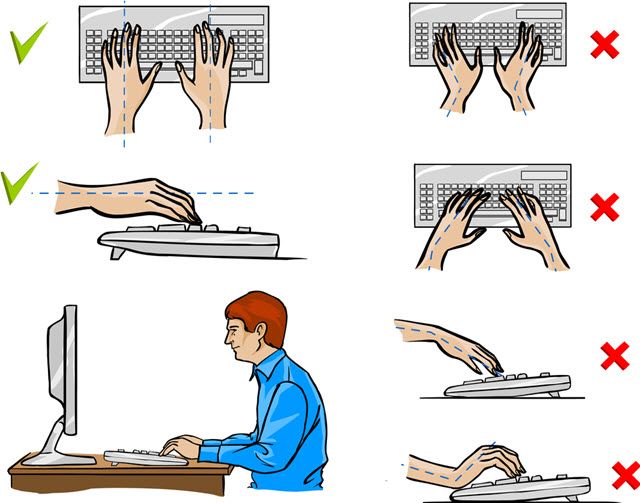 a person typing on a computer with their hands and fingers pointing at the keyboard,