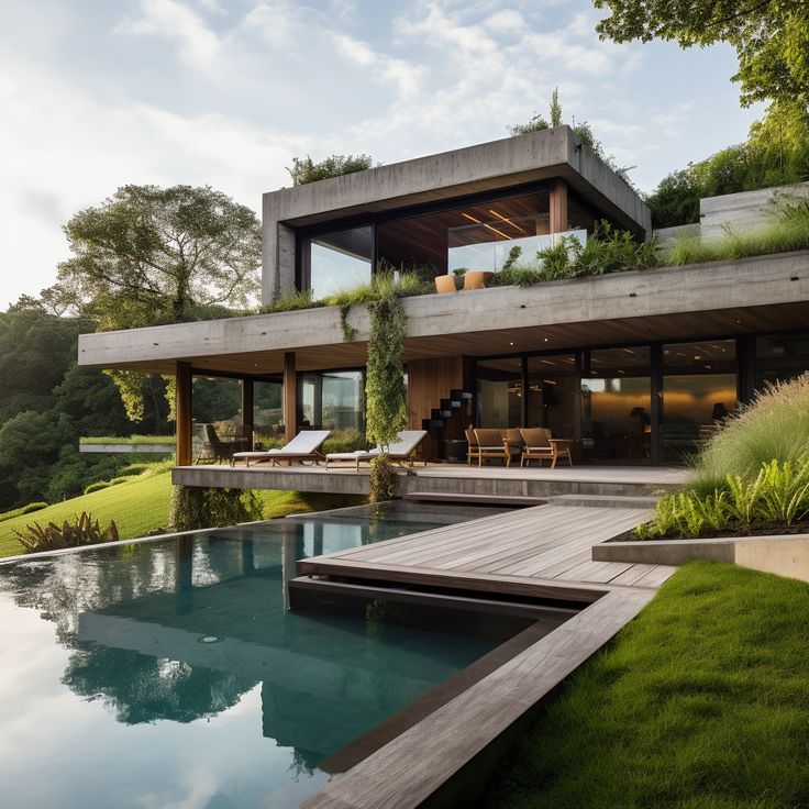 a house with a pool in front of it and grass growing on the roof top