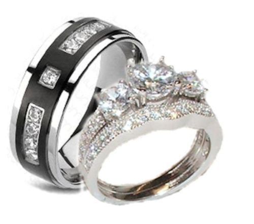 3 pc His Hers Wedding Rings Sterling Silver Cz Cubic Zirconia Wedding Ring Set - Edwin Earls Jewelry Wedding Rings Sterling Silver, Hers Wedding Rings, Cz Wedding Ring Sets, Womens Wedding Ring Sets, Wedding Rings Sets His And Hers, Cubic Zirconia Wedding Rings, His And Hers Rings, Wedding Rings Set, Cool Wedding Rings