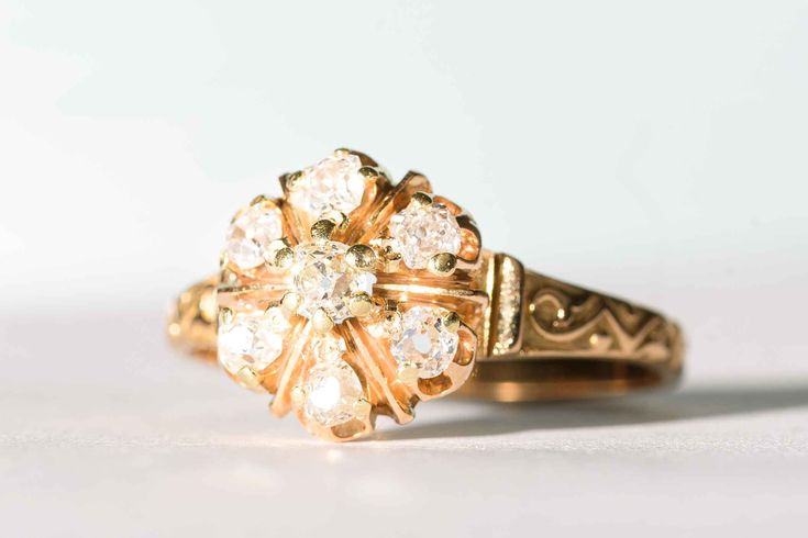 "Beautiful diamond cluster ring from the Victorian era circa 1860. This gorgeous ring features very early mine cut diamonds in a cluster setting. There are seven diamonds in all, each measuring about .14ct. Total carat weight is slightly over 1ct. The top of the ring measures 10.8mm. All diamonds are in excellent condition as is the entire ring. Ring size 8 and easily sized up or down several sizes. Ring sizing service available; please see sizing fees itemized below. Please allow one week for sizing. One month layaway payment plans available for rings $500 and over. Approximate Age - Victorian circa 1850 Gemstone(s) - Natural mine cut, almost table cut diamonds Metal - 14K yellow gold Weight - 3.19 Ring size - 8 Marks -  Makers Mark -  Comments -  Service & Sizing Information: If you requ Antique Collectors, Gorgeous Ring, Payment Plan, Diamond Cluster Ring, Diamond Cluster, Ring Ring, Cluster Ring, Victorian Era, Antique Victorian