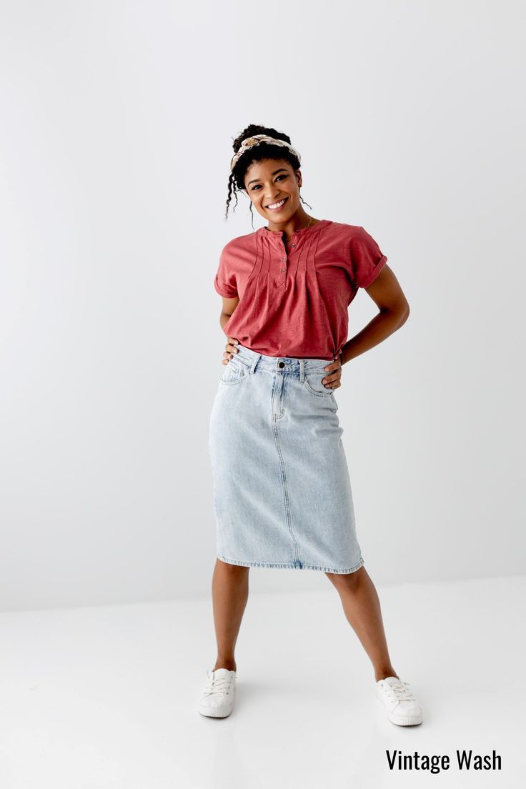 The 'Kyra' is another one of our very own exclusive denim skirts. Designed with everyday wear in mind, this skirt will pair well with just about any casual top in your wardrobe! This knee length denim skirt is 100% cotton and does not have stretch giving it a vintage vibe we love! Every woman needs a classic denim pencil skirt in her closet and this skirt is an excellent choice! Available in a classic light wash or statement black. 100% Cotton Machine Wash Cold Gentle Cycle Do Not Bleach Hang to Casual Medium Wash Denim Midi Skirt, Relaxed Fit Cotton Midi Denim Skirt, Spring Cotton Knee-length Denim Skirt, Casual Medium Wash Skirt For Everyday, Medium Wash Relaxed Denim Skirt For Work, Medium Wash Relaxed Workwear Denim Skirt, Medium Wash Cotton Denim Skirt Knee-length, Medium Wash Cotton Knee-length Denim Skirt, Medium Wash Cotton Mini Denim Skirt