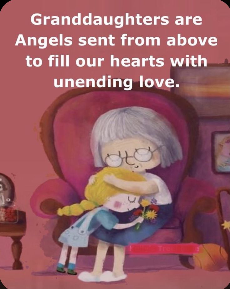 an older woman hugging her granddaughter in front of a pink background with the words granddaughters are angels sent from above to fill our hearts with unending love