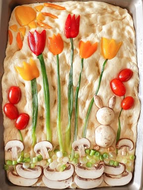 an image of food made to look like flowers and mushrooms in the middle of it