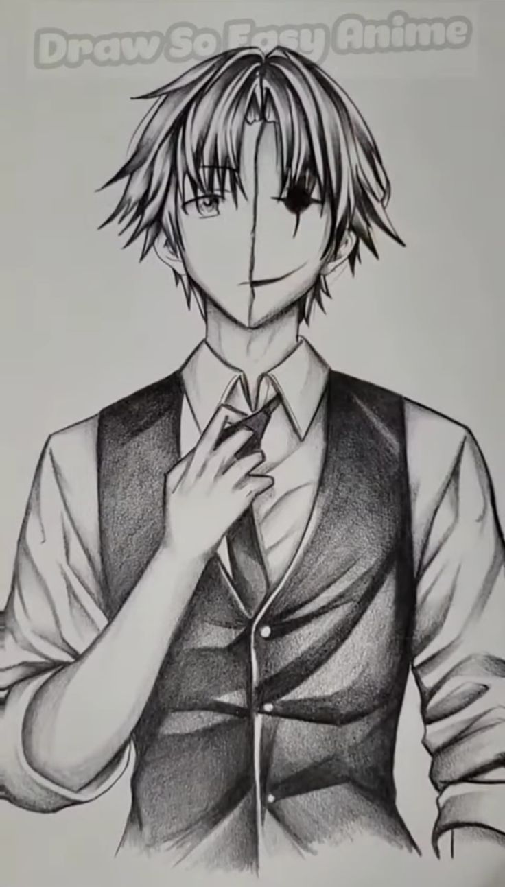 a drawing of an anime character with his hand on his chest, and the words draw say