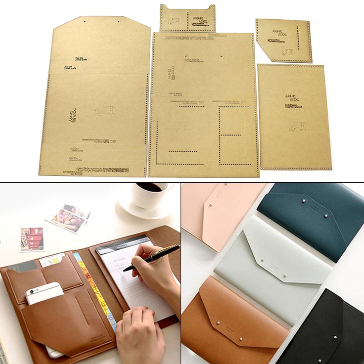 several photos of different types of envelopes, including one with a notepad and pen