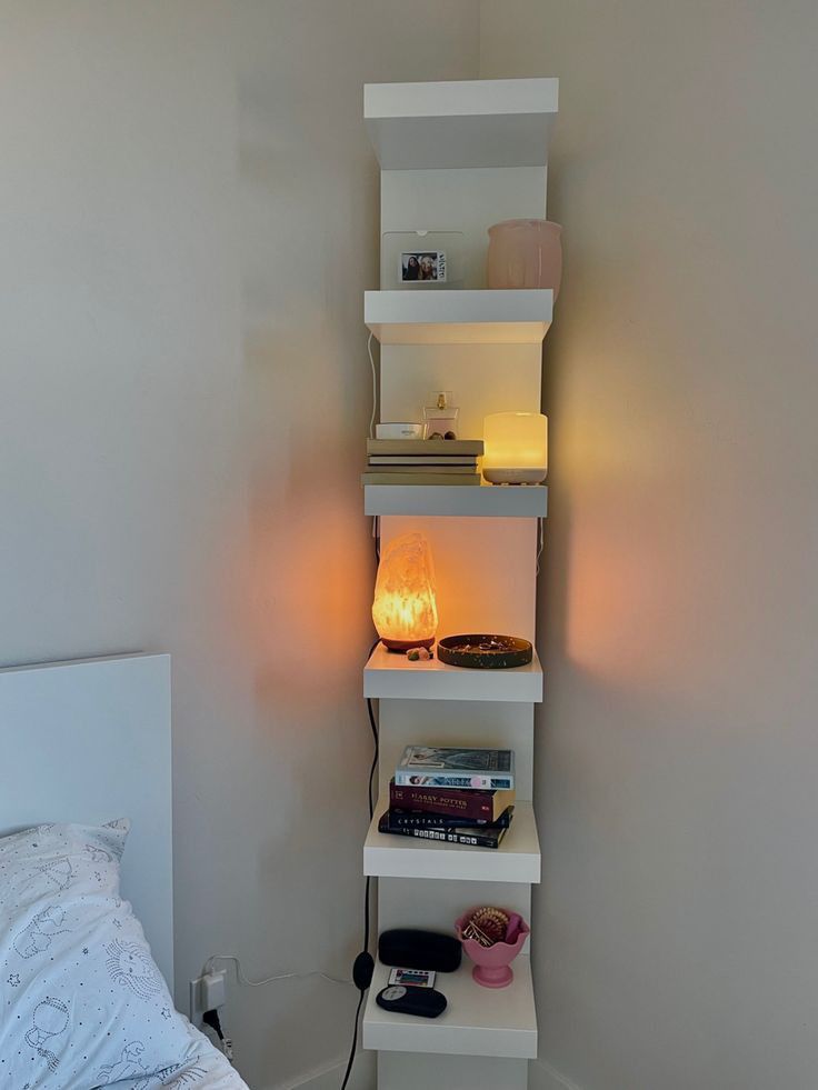 Shelf Rack Ideas Bedroom, Room Shelf Decor Aesthetic, Small Room Decor Ideas Minimalist, Room Decor Inspo Wall Shelves, Bedroom Ikea Shelf, Things To Put On Shelf In Bedroom, Shelf Wall Aesthetic, Side Shelf Bedroom, Ikea Shelf Decor Bedroom