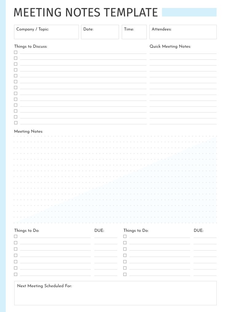 a printable meeting notes template is shown in the middle of a blue and white background