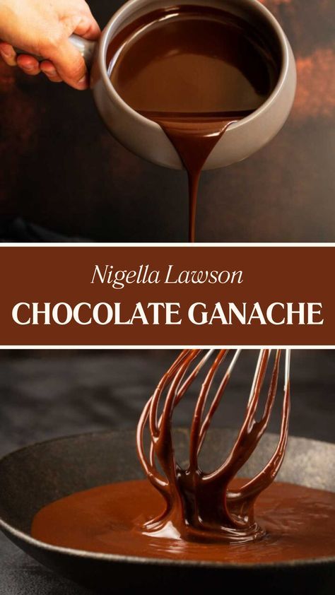 chocolate ganache is being poured into a pan with the words,'nigglela lawson chocolate ganache '