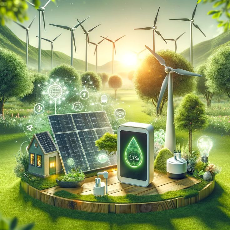 an image of a solar panel and windmills in the background with green energy symbols surrounding it