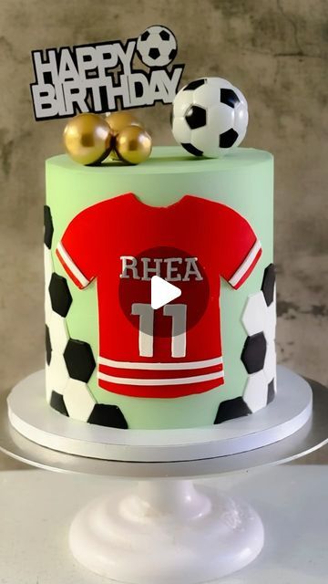 a soccer themed birthday cake on a table