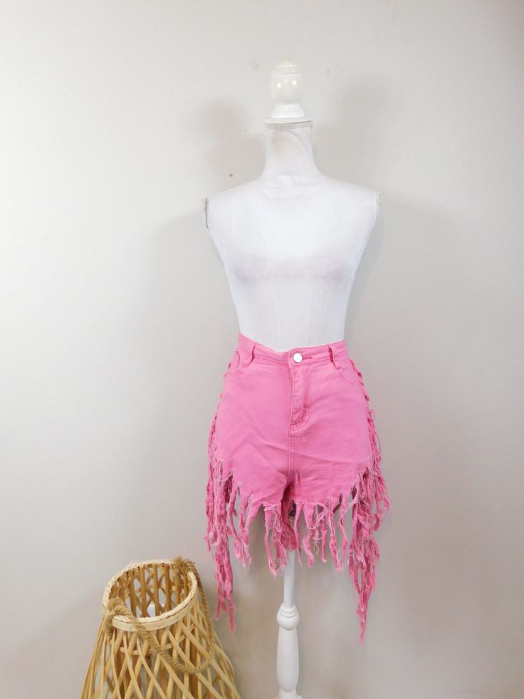 Vintage 00s Hot Pink Denim Cut Off Stretch High Waist Side Fringed Tassel Hem Western Minimal Booty Jean Shorts Bottoms Sz Large These shorts are used but in good condition.  Has no rips, tears, staining and hardly no wear and tear.  Appropriate for any evening, or casual occasion. Measurements:  Waist: 30"  Hips: 41"  Top to bottom: 18" (Measurements are taken across item laying flat and are then doubled.) Thanks for looking! Domestic Shipping: 1st Class (2-5 days). International: Calculated  I Hot Pink Denim, Flower Print Shirt, Side Fringe, Bodysuit Shirt, Upcycled Clothes, Pink Denim, Pink Jeans, Cute Jeans, Sheer Chiffon