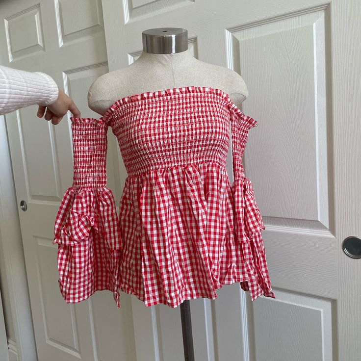 Smock Baby Doll Top With Off The Shoulder Sleeves New With Tags Cute Red Tops For Vacation, Sleeveless Tops With Smocked Bodice For Picnic, Casual Red Cotton Smocked Top, Red Sleeveless Top For Picnic, Red Summer Tops For Picnic, Red Smocked Spring Vacation Top, Summer Smock Gingham Tops, Red Smocked Top For Spring Vacation, Summer Gingham Smock Top