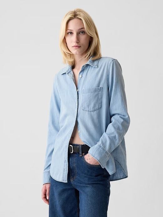 Organic Cotton Denim Perfect Shirt | Gap Everyday Light Wash Button-up Shirt, Gap Tops With Button Closure, Light Wash Button-up Shirt For Everyday, Gap Collared Relaxed Fit Tops, Gap Collared Tops With Relaxed Fit, Gap Relaxed Fit Collared Top, Collared Relaxed Fit Tops By Gap, Light Wash Collared Shirt For Everyday, Relaxed Fit Button-up Shirt By Gap