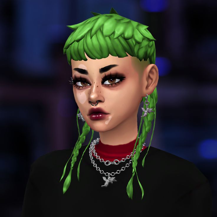 an animated woman with green hair and piercings