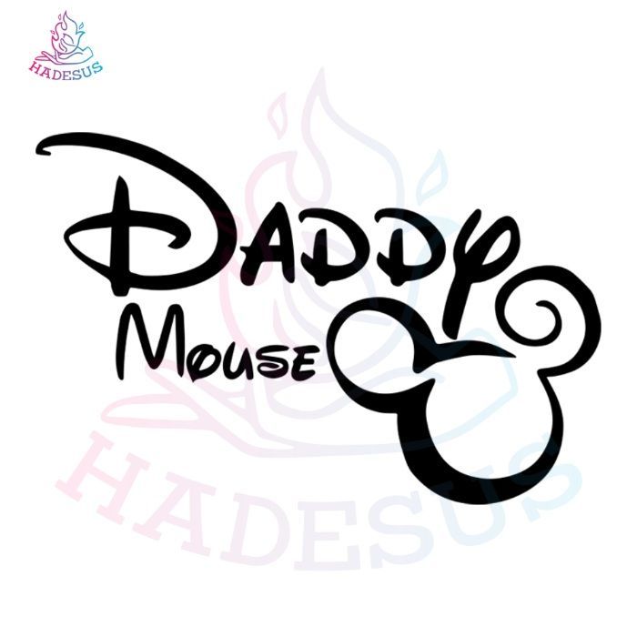 the disney mouse logo is shown in black and white, with words daddy mouse on it