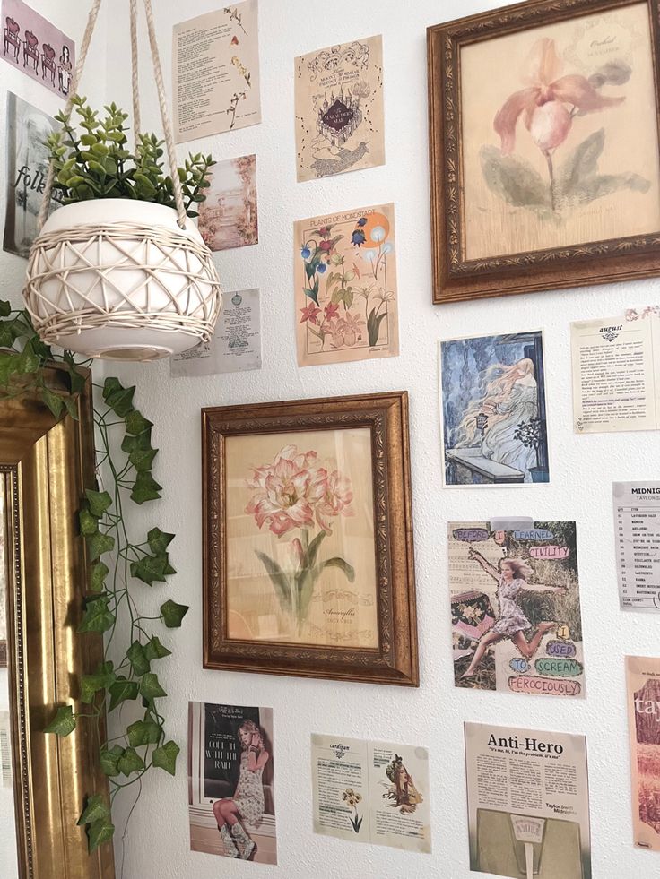 there are many pictures on the wall and one is hanging from the ceiling with a plant in it