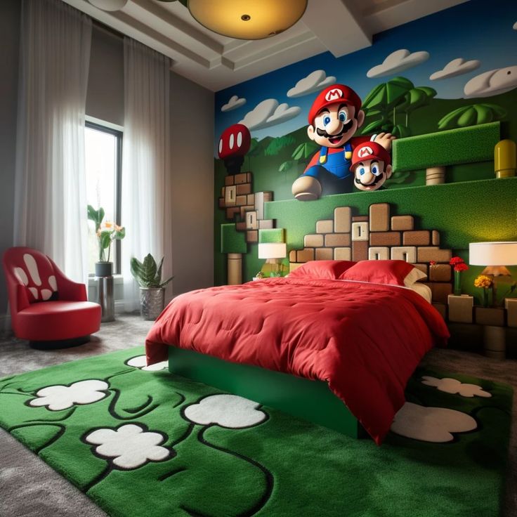 a bedroom decorated in mario bros theme with red bedding and green carpeted rugs