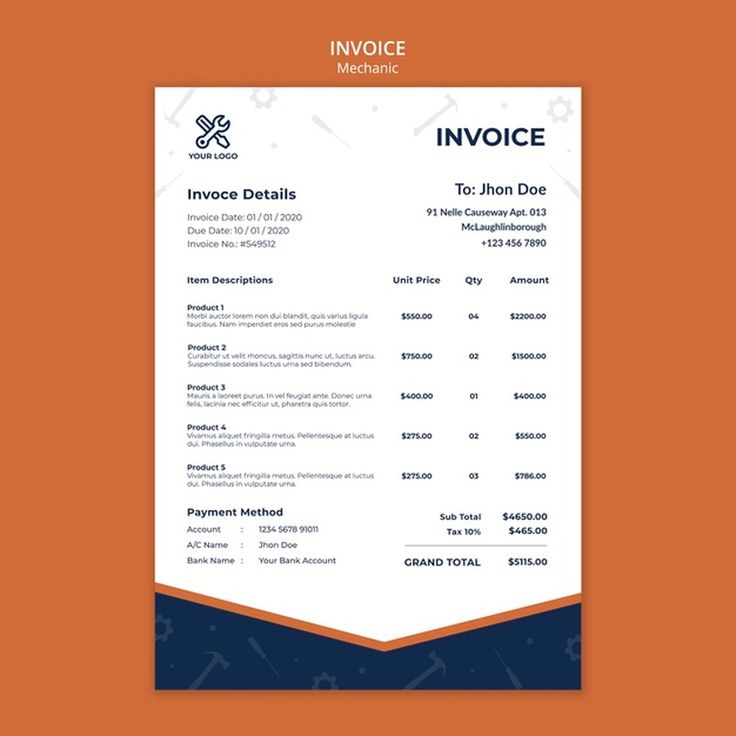 the invoice receipt is shown on an orange and blue background, with icons above it