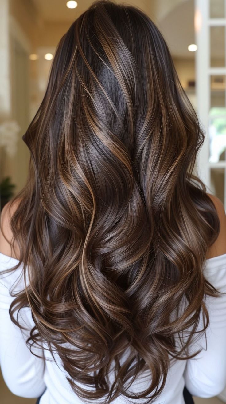 Chocolate Hair With Burgundy Highlights, Chunky Highlights Balayage, Expresso Highlights On Brown Hair, Caramel Brown Hair Highlights, Dark Brown Hair Golden Highlights, Dark Brown With Honey Highlights, Brown Sugar Highlights, Shades Of Brown Highlights, Coffee Highlights Hair