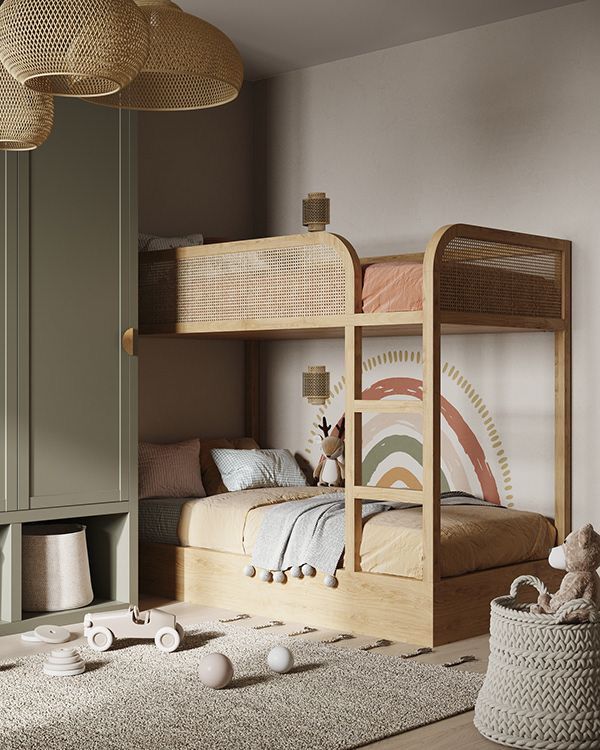 a child's bedroom with bunk beds and toys on the floor in front of them