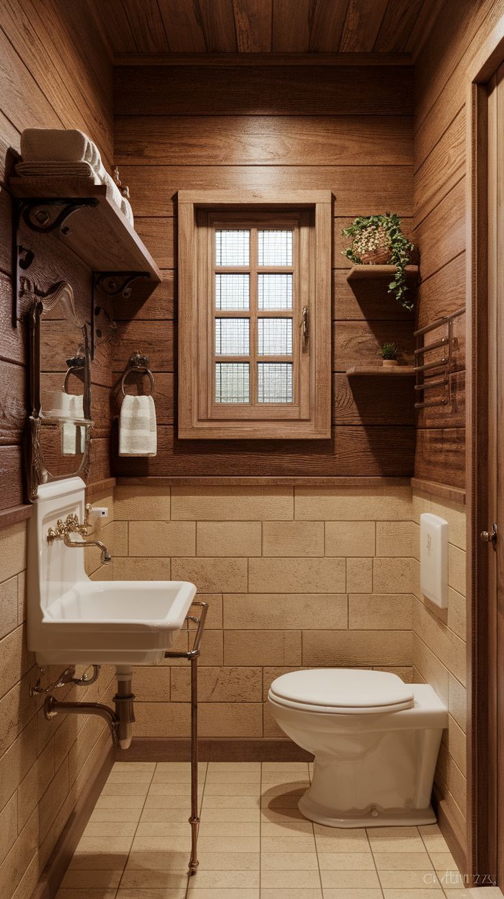 a bathroom with a toilet, sink and wooden paneling on the walls is shown