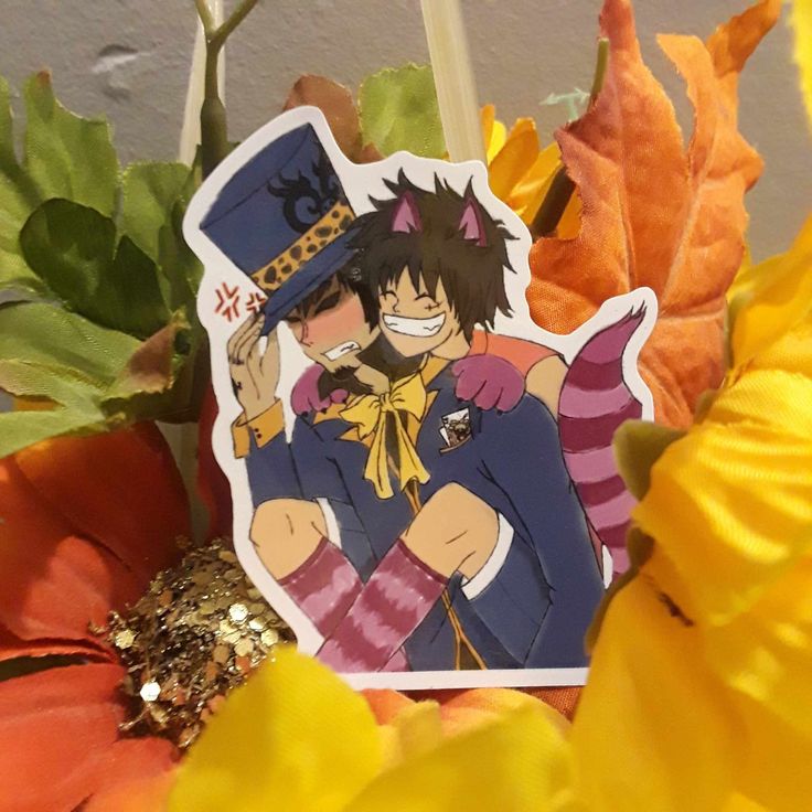 a close up of a sticker with an anime character on it and flowers in the background