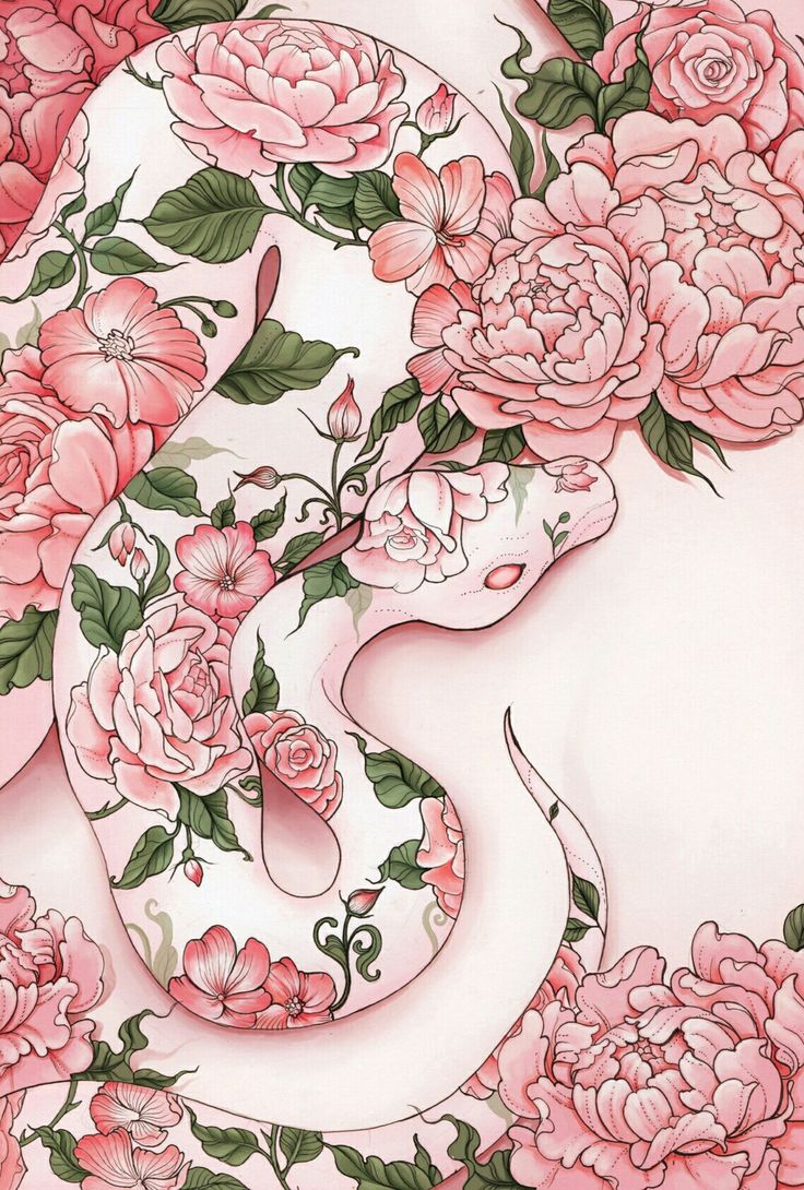 a drawing of a snake surrounded by pink flowers and peonies on a white background