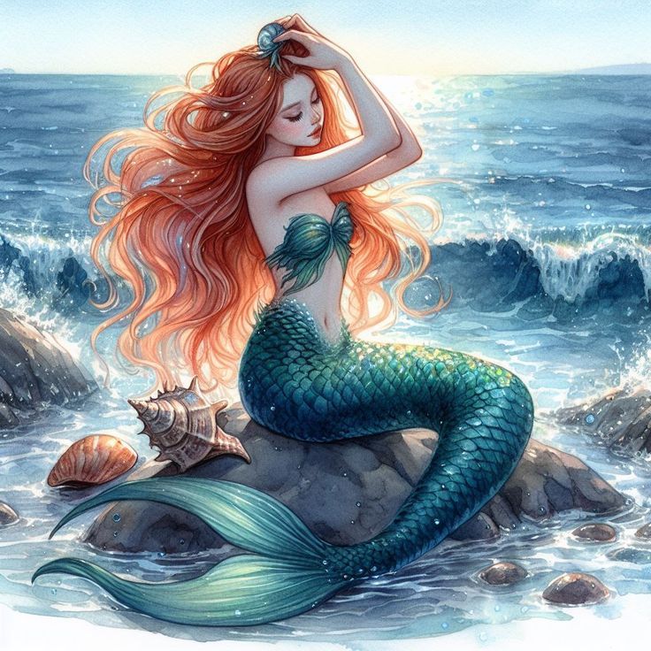 a painting of a mermaid sitting on top of a rock next to the ocean with her hair blowing in the wind