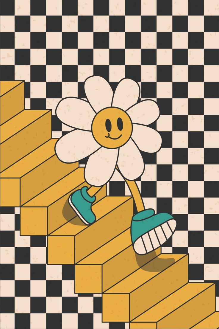 a cartoon daisy climbing the stairs with shoes on it's feet and holding a tennis racquet