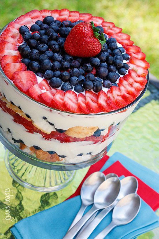 a cake with berries and blueberries on top is sitting on a glass plate next to two spoons