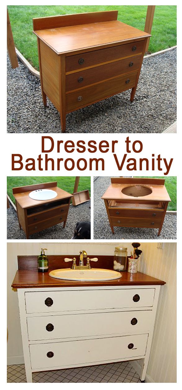 an old dresser turned into a bathroom vanity