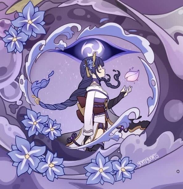 an anime character is standing in the middle of a purple background with blue flowers on it