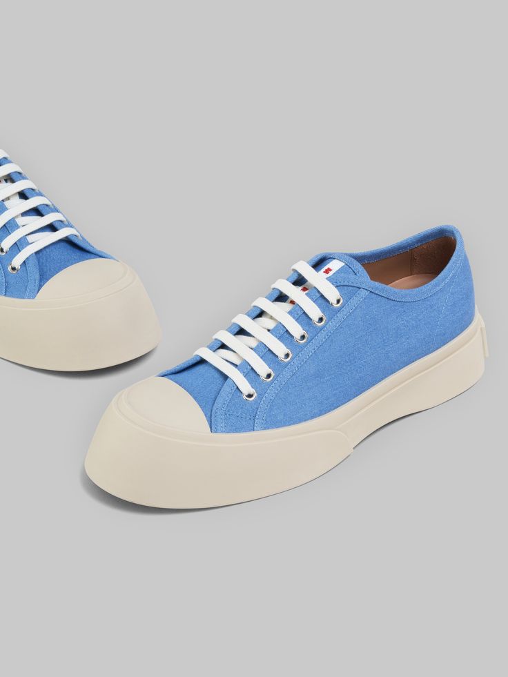 Pablo low-top lace-up sneaker in denim. Leather lining and soft leather insole. Chunky platform sole in rubber with Marni logo on the back. Blue Lace-up Platform Sneakers With Vulcanized Sole, Low-top Canvas Platform Sneakers With Contrast Sole, Canvas Low-top Platform Sneakers With Contrast Sole, Blue Cotton Sneakers With Laces, Blue Cotton Sneakers With Gum Sole, Cotton Platform Sneakers With Contrast Sole, Modern Canvas Platform Sneakers With Contrast Sole, Low-top Cotton Sneakers With Lug Sole, Textile Low-top Sneakers With Lug Sole