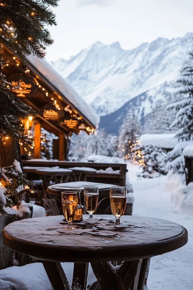 two glasses of wine sitting on top of a table in front of snow covered mountains