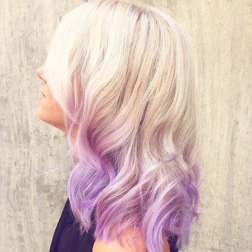 Lavender ombre hair is a really fun way to get a creative style without a lot of daily maintenance. Whether you choose to go tame with wash-out hair chalk or make the jump into a permanent color, purple hair brings personality and pizazz to any head of hair. Lavender Ombre Hair and Purple Ombre These … Lavender Ends Hair, Blonde Hair With Colored Tips Dip Dyed, Blonde And Purple, 2013 Hairstyles, Blonde Dip Dye, Lavender Hair Ombre, Purple Hair Color Ombre, Lavender Ombre, Purple Ombre Hair