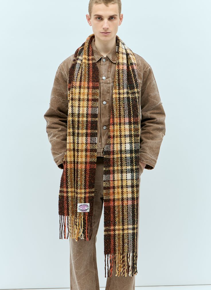 Plaid fringe scarf in wool-blend with logo patch at hem. Logo patch at hem Plaid Rectangular construction Fringe trims Made in Italy 41% Wool, 27% Nylon, 22% Silk, 8% Cotton, 2% Polyester Color: Brown Code: CA0325 700 SKU: acn0156030brn Our Products Are 100% Genuine. In All Cases We Stand By The Authenticity Of Every Product Sold On Our Site. Acne Studios Men, Fringe Scarf, Louis Vuitton Shoulder Bag, Fringe Trim, Plaid Scarf, Patch Logo, Wool Blend, Acne Studios, In Italy