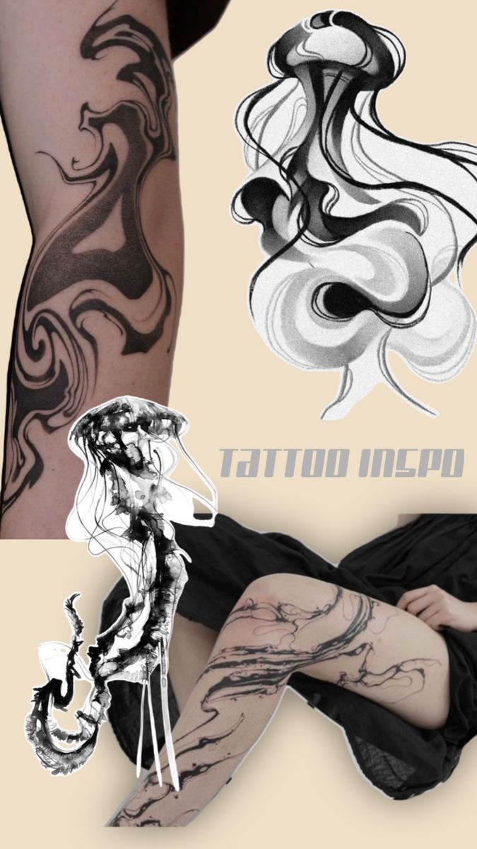 Jellyfish ink spill tattoo inspo, black and white tattoo Water Ink Tattoo, Heavy Ink Tattoos, Black Tattoos With White Highlights, Black Line Art Tattoo, Abstract Jellyfish Tattoo, Black N White Tattoos, Ink Wash Tattoo, Cool Medusa Tattoo, Water Tattoo Ideas Ocean