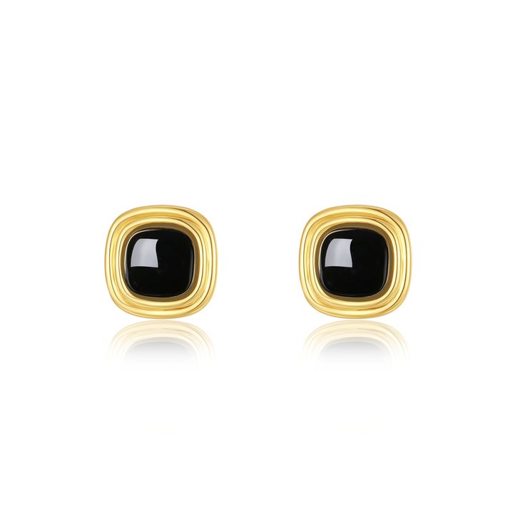 The allure of black onyx, a stone steeped in the symbolism of strength and protection, finds its form in the "Nocturne" Square Clip Earrings. These earrings embody a quiet confidence, balancing the deep, velvety hue of the onyx with the warmth of 18k Gold Vermeil. Crafted to frame the face with elegance, they offer a refined yet bold statement for both day and night. Materials: Natural black onyx, set in 18k Gold Vermeil over sterling silver. Charm Dimensions: 15mm x 15mm, offering a structured, Polished Onyx Earrings For Gift, Black Onyx Earrings With Polished Finish, Classic Black Earrings With Polished Finish, Black Onyx Timeless Jewelry, Timeless Black Onyx Jewelry, Timeless Black Tarnish Resistant Jewelry, Timeless Black Enamel Jewelry, Classic Black Pierced Earrings, Formal Black Onyx Earrings