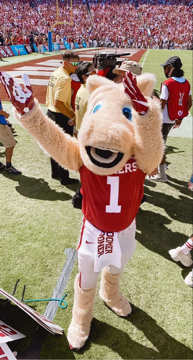 a mascot is standing on the field with his arms in the air and one hand up