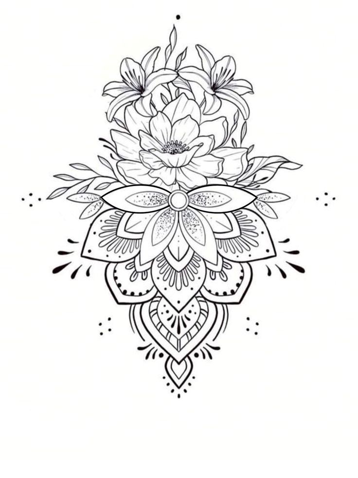 a black and white drawing of a flower on a white background with an intricate design