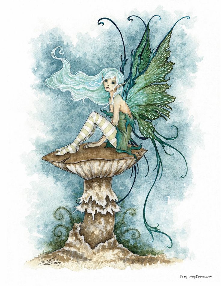 a drawing of a fairy sitting on top of a mushroom