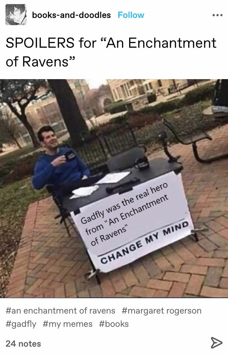 a man sitting on top of a bench next to a sign that reads spoilers for an enchanment of ravennes