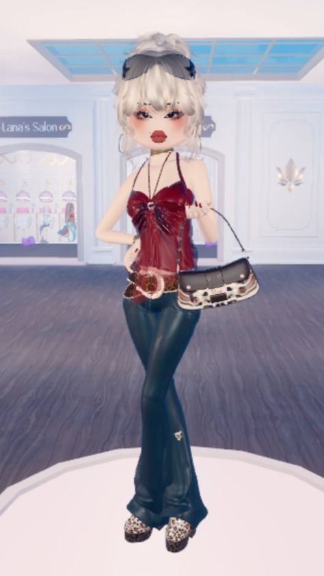 an animated woman in a red top holding a purse