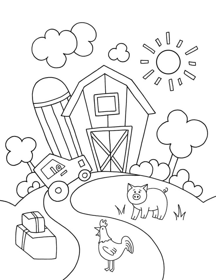 the farm scene is outlined in black and white