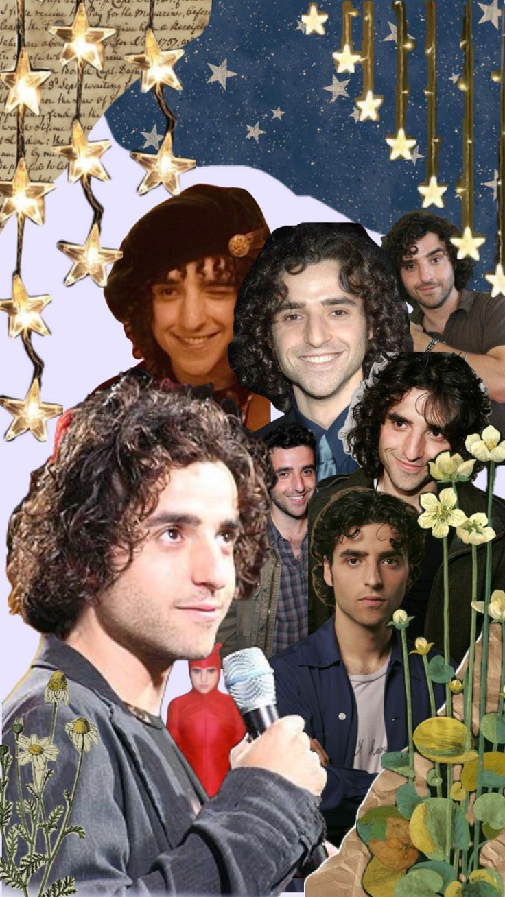 a collage of people with flowers and stars on the background, including one man holding a microphone