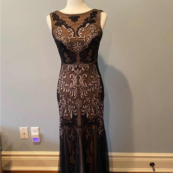 Gorgeous Beaded Dress. Size 4. Worn Only Once. Beautiful Bead Work. Brown Floor-length Evening Dress, Black Beaded Evening Dress For Gala, Elegant Embellished Brown Dresses, Elegant Brown Sequin Dress, Formal Brown Embellished Dress, Fitted Brown Embellished Dress, Black Beaded Dress For Prom, Beaded Black Dress For Prom, Fitted Brown Evening Dress