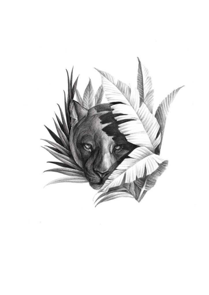 a black and white drawing of a lion hiding behind leaves