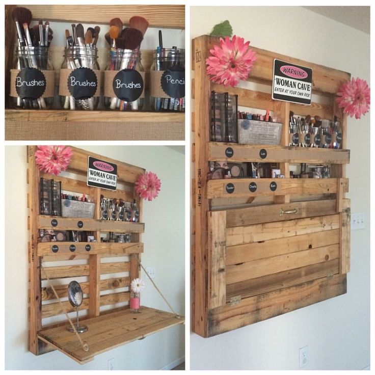 there is a wooden shelf with many different items on it