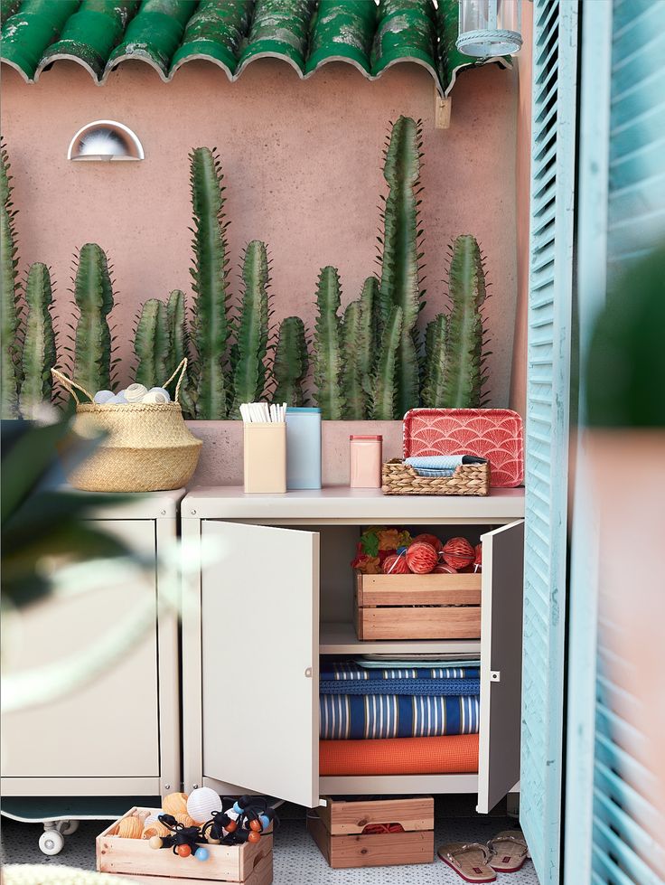 a shelf with many books and plants on it